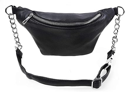 Fashion Leather Waist Fanny Pack Chest Bag Phone Purse with Metalic Chain for Women Black | Amazon (US)
