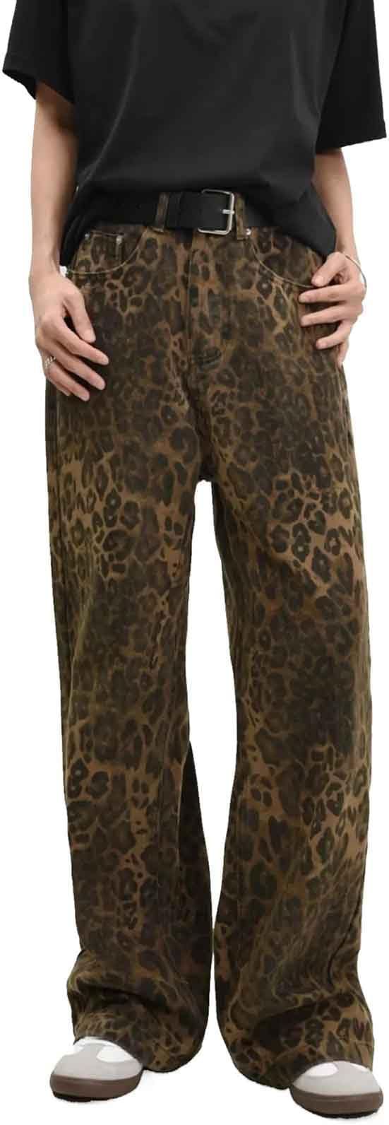 Women Leopard Jeans Cheetah Print Baggy Cargo Pants Loose Joggers with Pockets Sweatpants Unisex | Amazon (US)