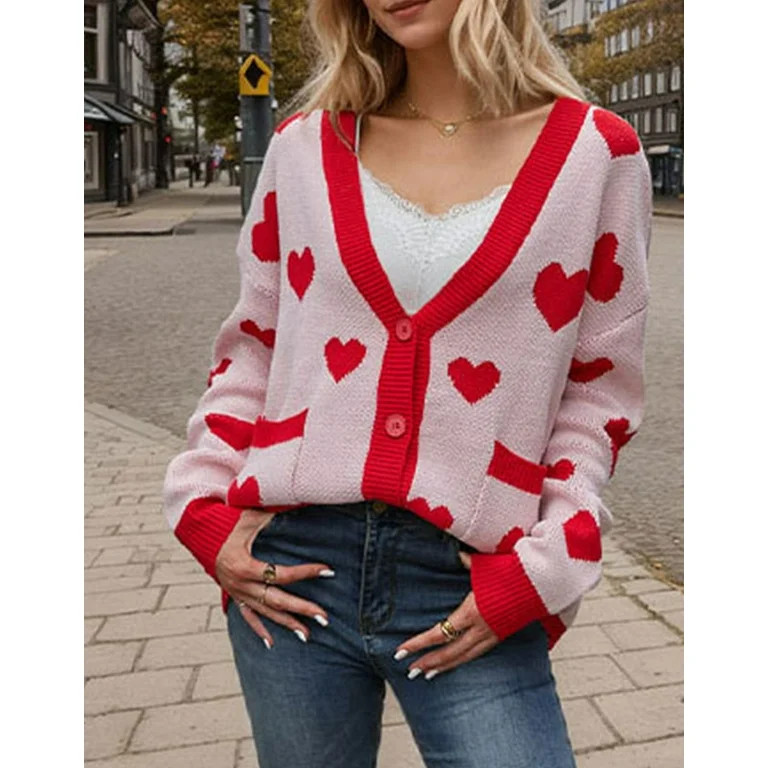 Valentine's Day Cardigans for Women Cute Heart Printed V-Neck Button Down Cardigan Sweaters with ... | Walmart (US)