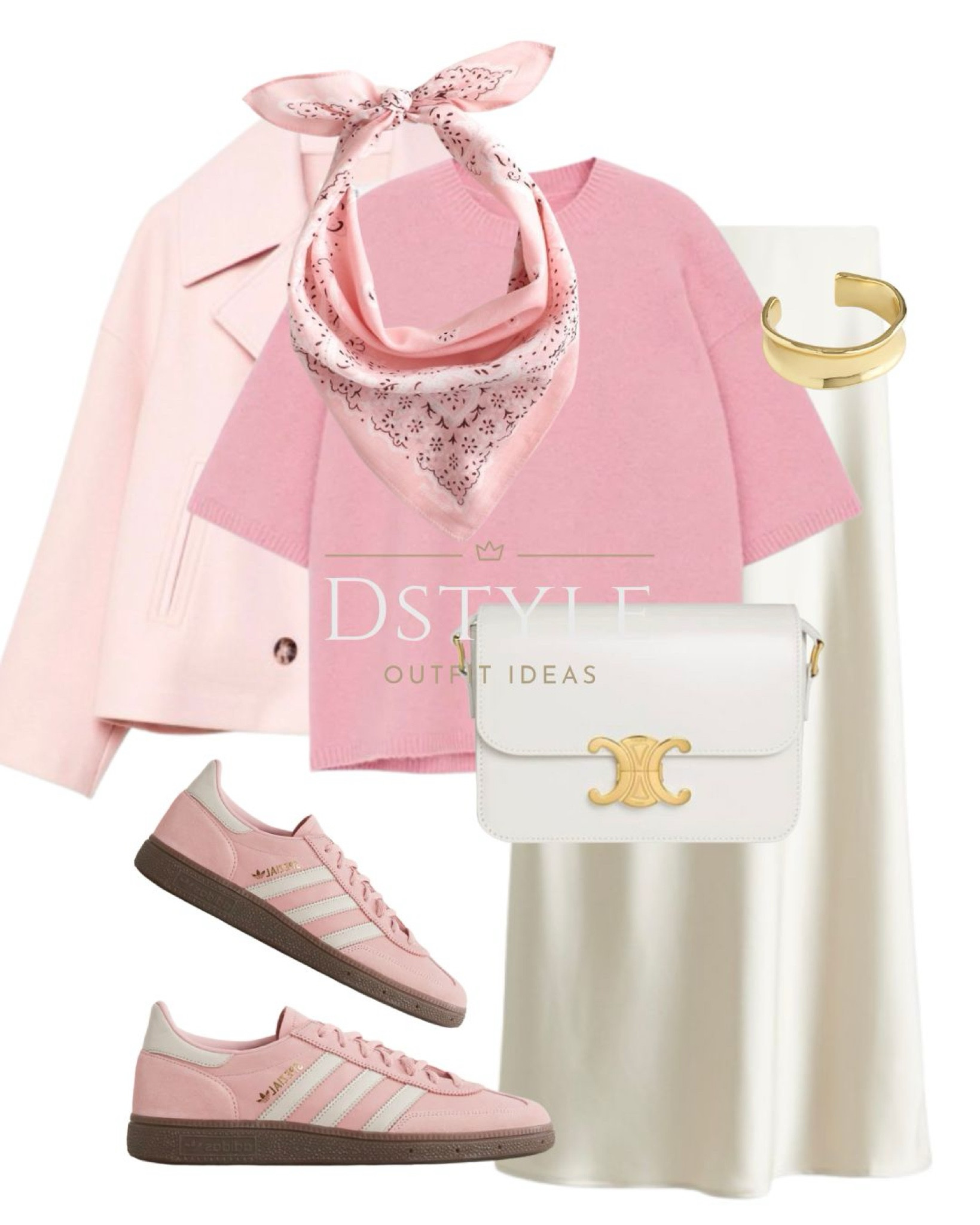 Light beige maxi skirt, pink alpaca-wool blend top, pastel pink short coat, pink bandana, CELINE white bag, pink Adidas Spezial sneakers/ trainers 

 

#LTKStyleTip #LTKWorkwear #LTKShoeCrush