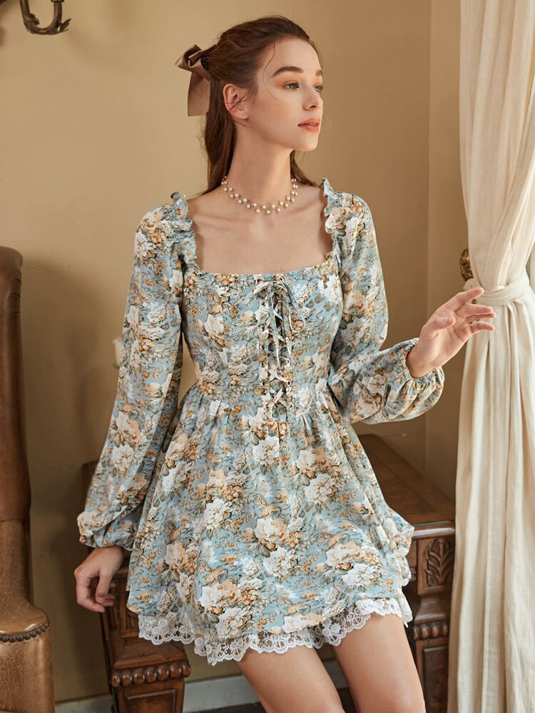 SHEIN MOD Floral Print Frill Trim Lace Up Front Embroidery Mesh Hem Dress | SHEIN