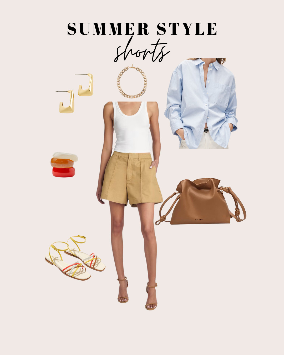 Don't won't to wear workout clothes but want to be comfortable, this is the outfit.  Classic, comfy and elevated.  Summer shorts look for every day with a classic blue button down, khaki shorts, fun sandals and great accessories. 

 #LTKSeasonal #LTKOver40 #LTKPetite