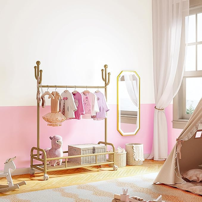 Bestier Gold Kids Clothing Rack with Wheels, Kids Garment Rack with Bottom Storage Shelf, Small M... | Amazon (US)