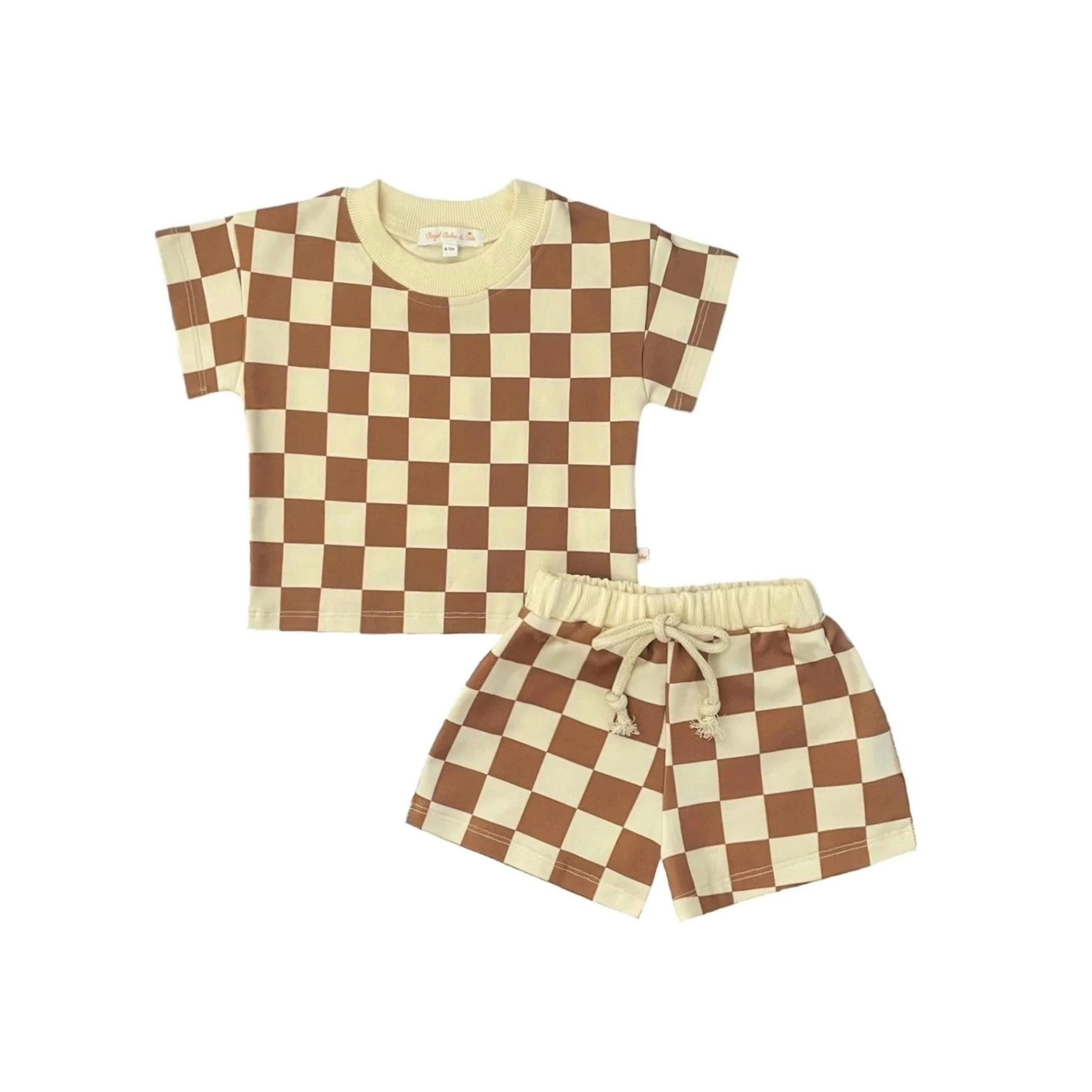 Brown Checkered Soft Touch 2pc T-Shirt & Short Set | Maisonette