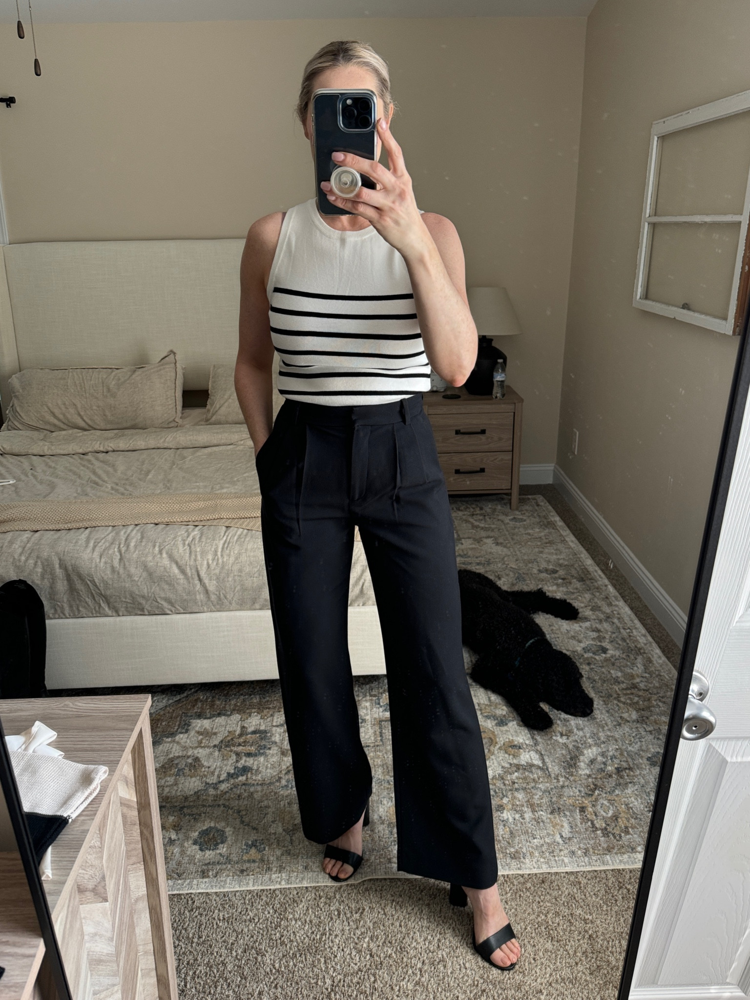 White and black striped top, black trouser pants, black heels

#LTKfindsunder100 #LTKshoecrush #LTKworkwear