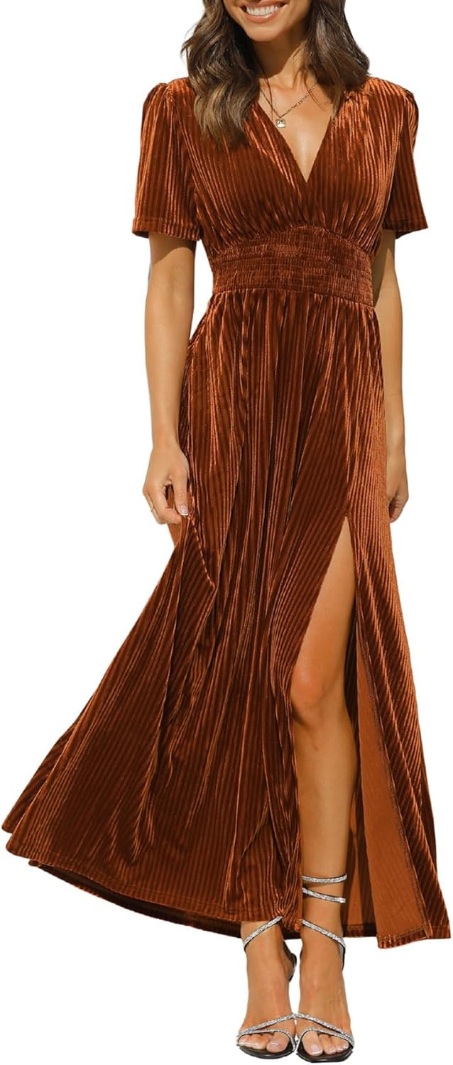 Women's Velvet Maxi Dress Fall Formal Wedding Guest Cocktail Dress | Amazon (US)