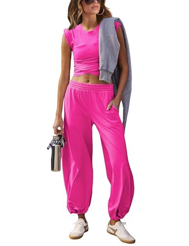Springrain Womens Two Pieces Outfits Casual Lounge Sets Cropped Tops Sweatpants Tracksuit with Pockets(6A-HotPink-S) | Amazon (US)