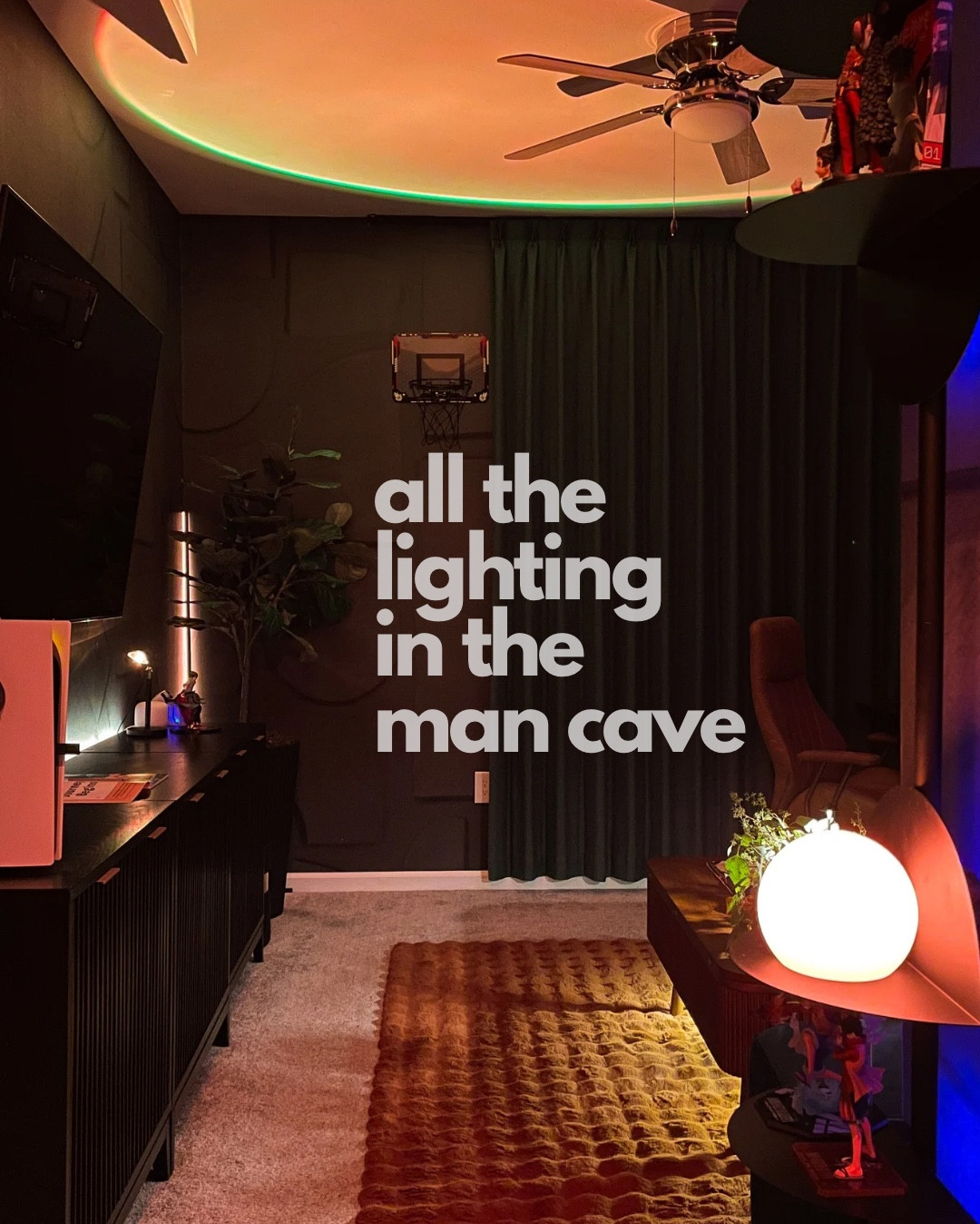 Amazon lighting in man cave makeover 

Sunset lamp, govee lights, Phillips hue lights, battery lights

#LTKHome