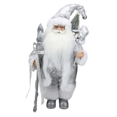 Northlight 12" Standing White and Silver Santa Claus with Staff and Gift Bag Christmas Figure | Target