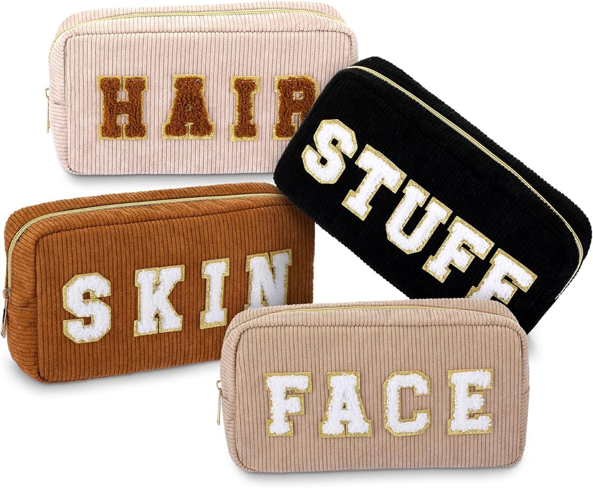 4 Pcs Preppy Patch Makeup Bag Corduroy Cosmetic Bag Makeup Accessories Skincare Bag Chenille Lett... | Amazon (US)