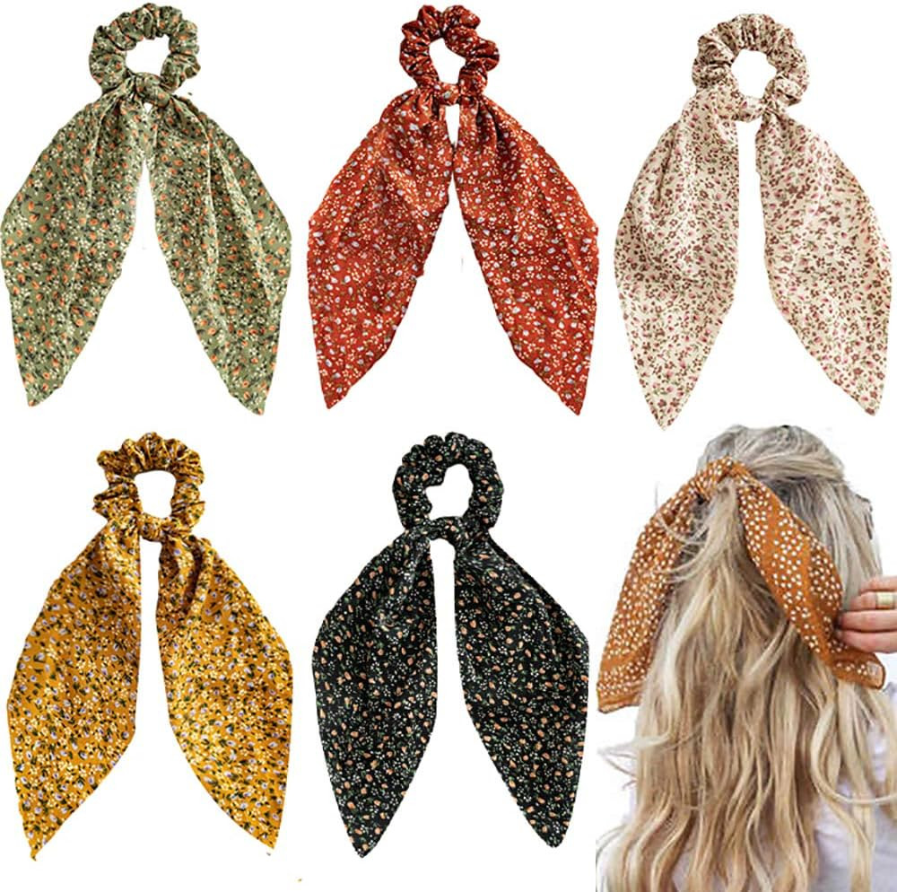 Chiffon Floral Hair Scarf with Ribbon Bows for Women and Girls - 5 Pcs Scrunchies with Ponytail H... | Amazon (US)
