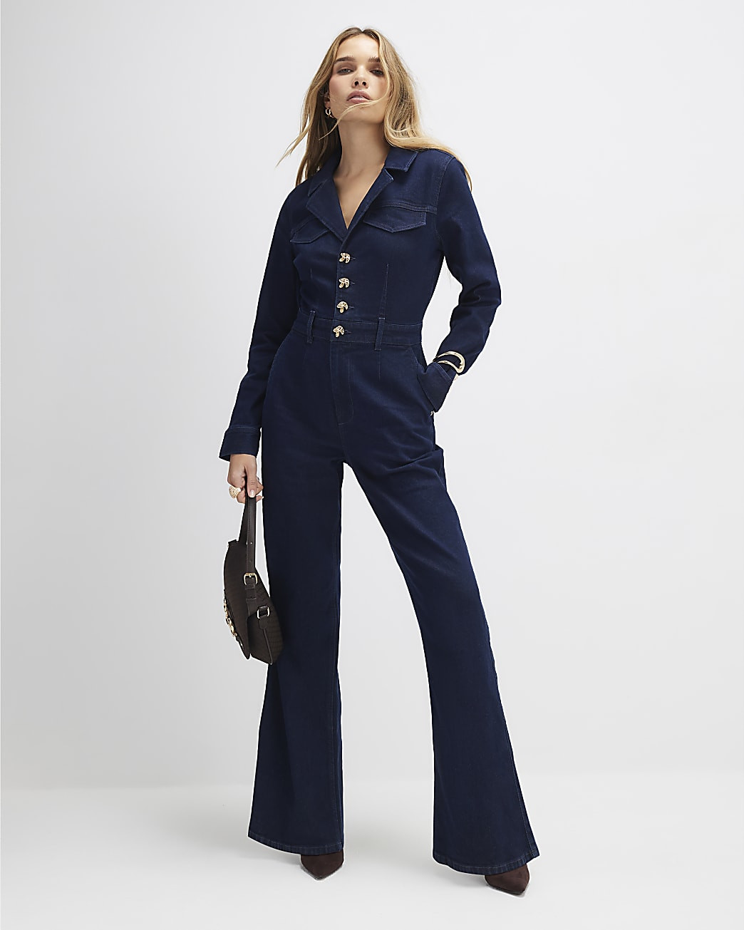 Blue Denim Wide Leg Jumpsuit | River Island UK & IE