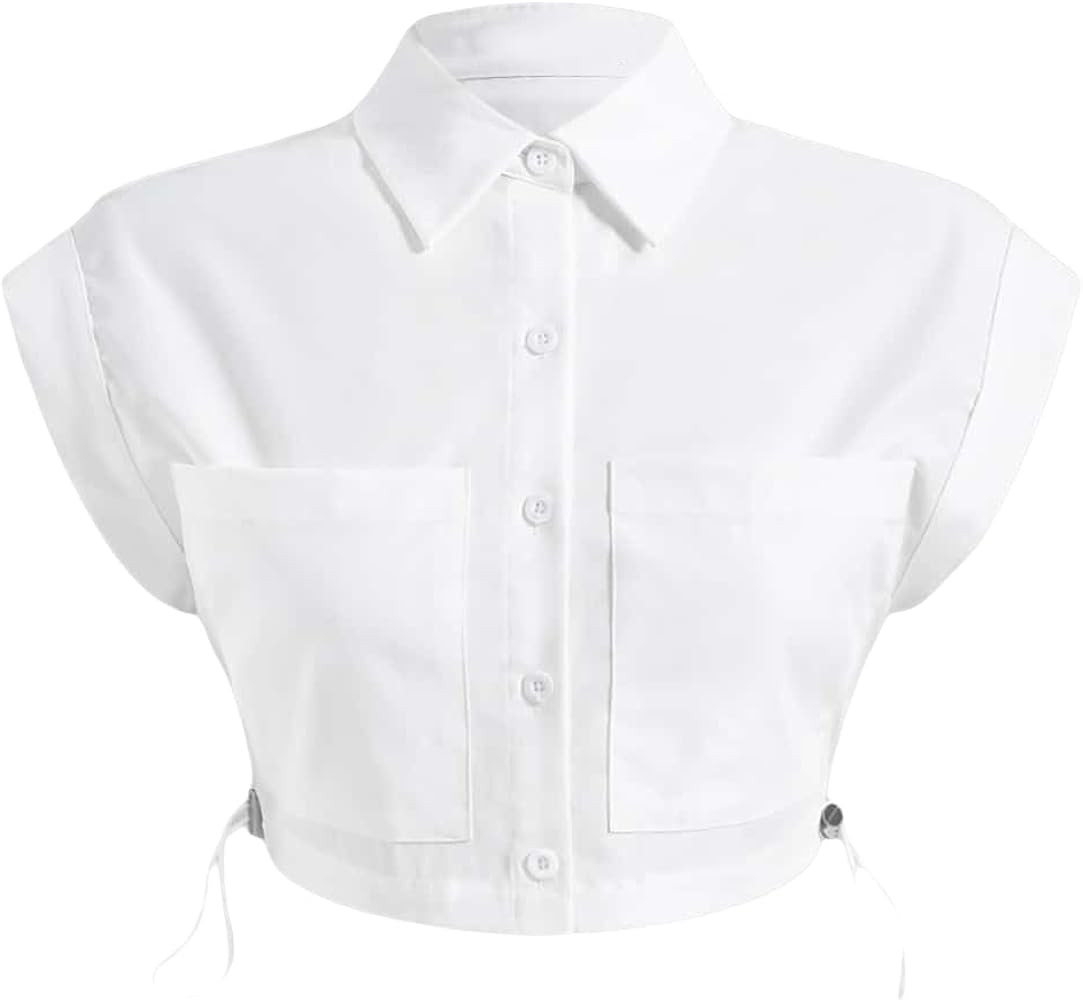 Verdusa Women's Button Front Collar Blouse Cap Sleeve Drawstring Crop Shirt Top | Amazon (US)