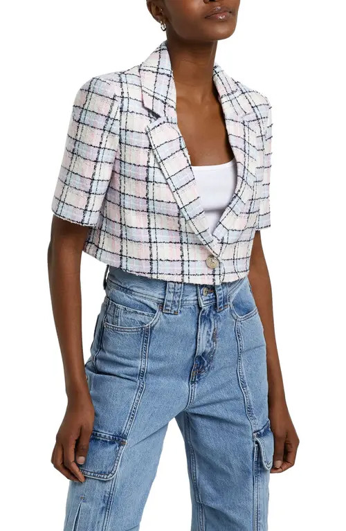 River Island Check Crop Blazer in Light Blue at Nordstrom, Size 14 | Nordstrom