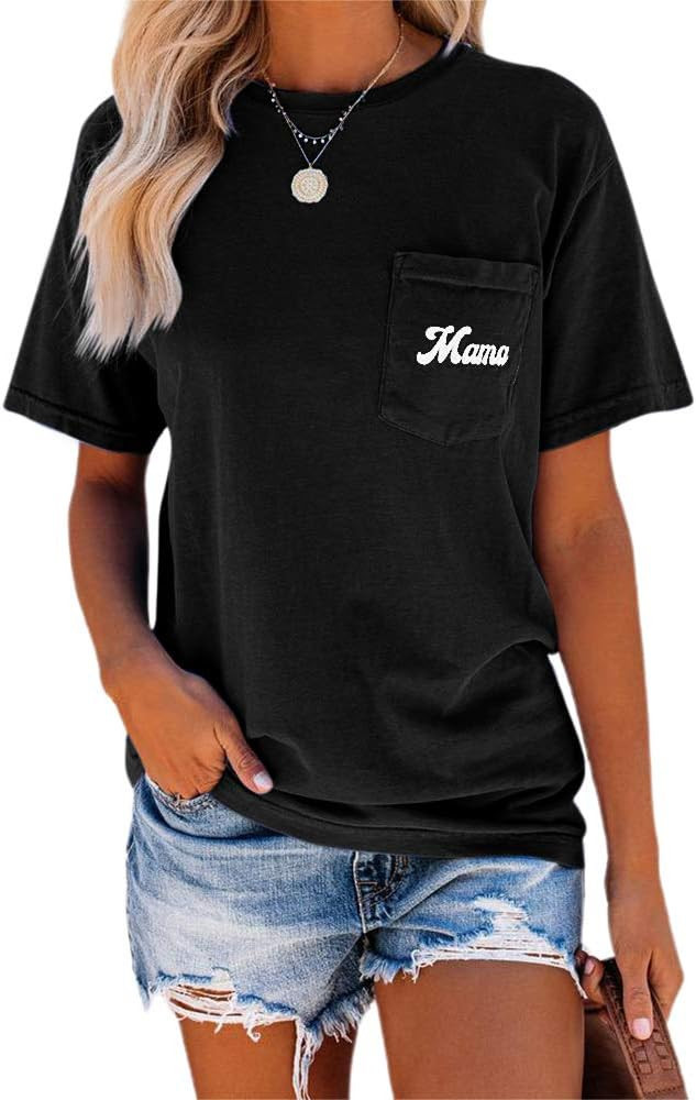 NIUBIA Women's Letter Print Basic Crew Neck Tee Summer Short Sleeve T-Shirt with Pockets Loose Fi... | Amazon (US)