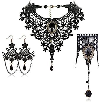 Frodete Halloween Black Necklace Earrings Bracelet Set for Women Gift,Goth Choker Set Vintage Jewelr | Amazon (US)