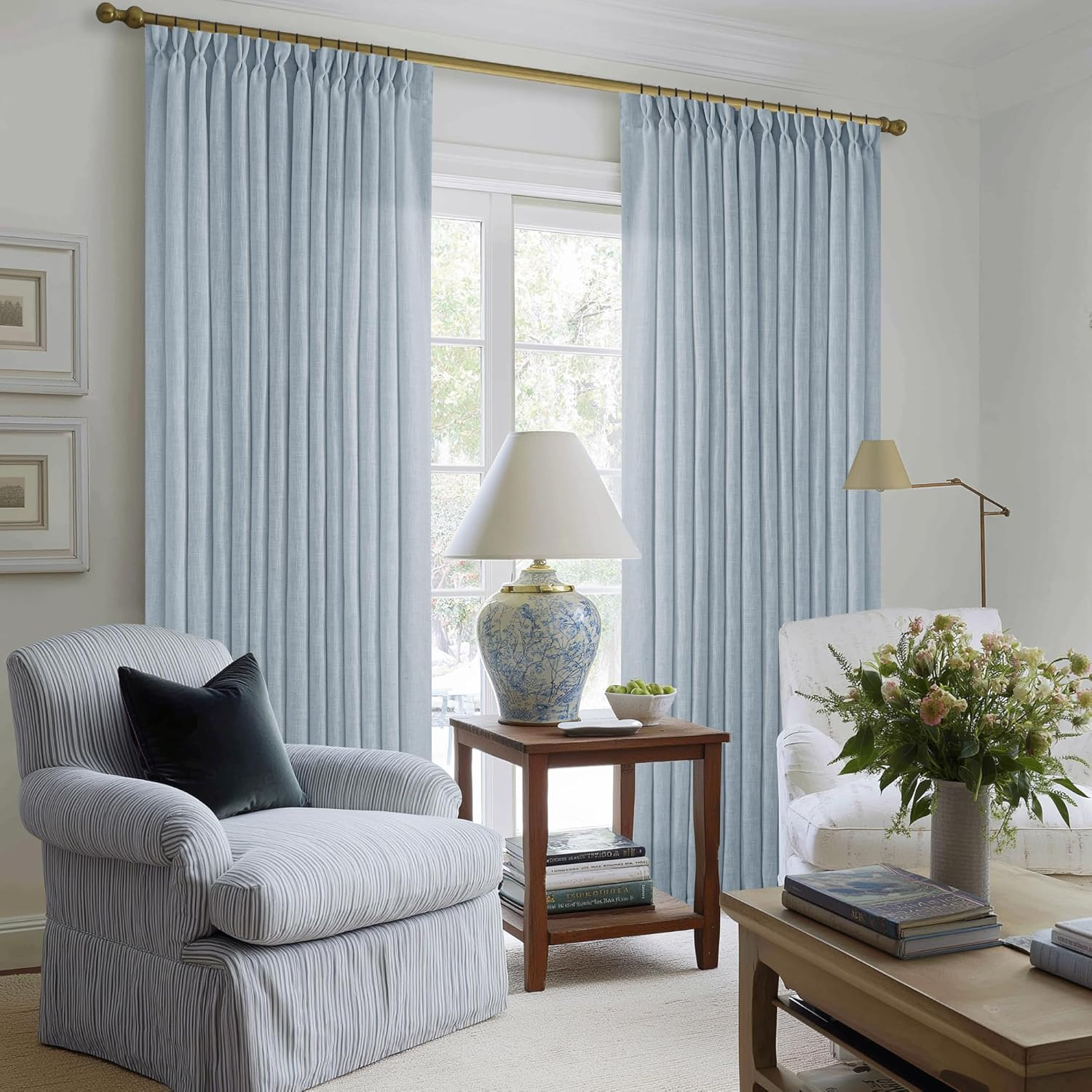 Light Blue Linen Curtains 102 Inches Long for Living Room Pinch Pleated Drape with Hooks Rings fo... | Amazon (US)