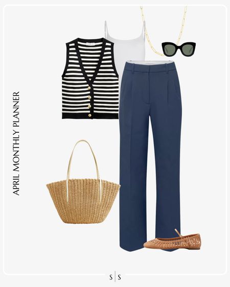 Monthly outfit planner: APRIL: Spring looks | navy trouser, ballet flat, striped tank, straw tote

See the entire calendar on thesarahstories.com ✨ 



#LTKstyletip