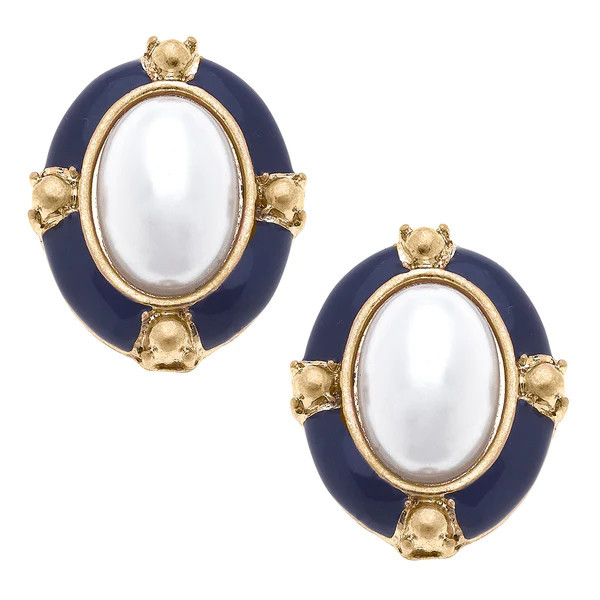 Evie Enamel & Pearl Statement Stud Earrings in Navy | CANVAS