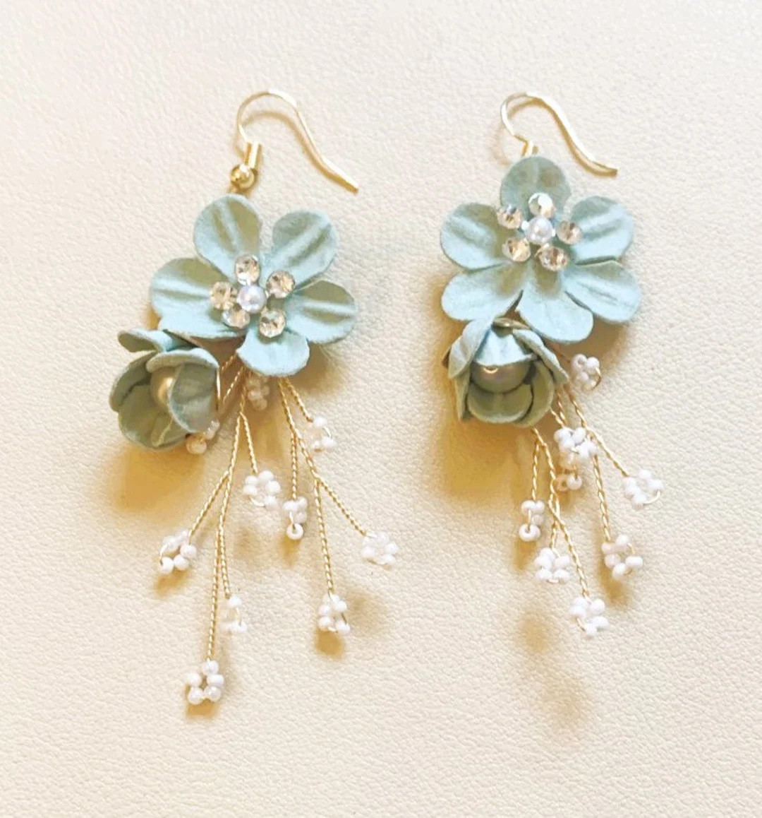 Beautiful Bridesmaid Sage Green with Gold Pearl and Diamante Wedding Flower Earrings | Etsy (US)