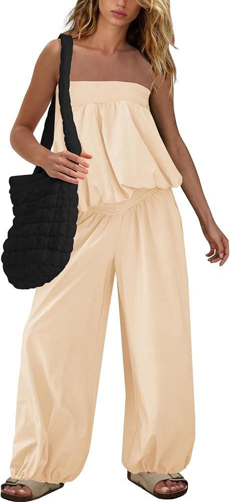 SENSERISE Pants Sets Women 2 Piece Outfits Bubble Off Shoulder Strapless Tube Top Wide Leg Pants ... | Amazon (US)