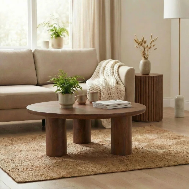 Tetto Circular Mango Wooden Three Pillar Coffee Table - Modern Sleek Scandi Design | Wayfair North America