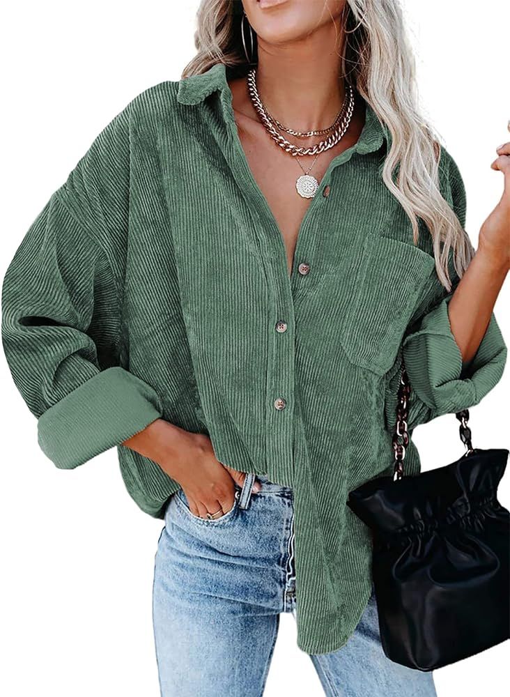 AUSELILY Women's Oversized Corduroy Jacket Button Down Shirts Shacket Long Sleeve Blouses Tops | Amazon (US)