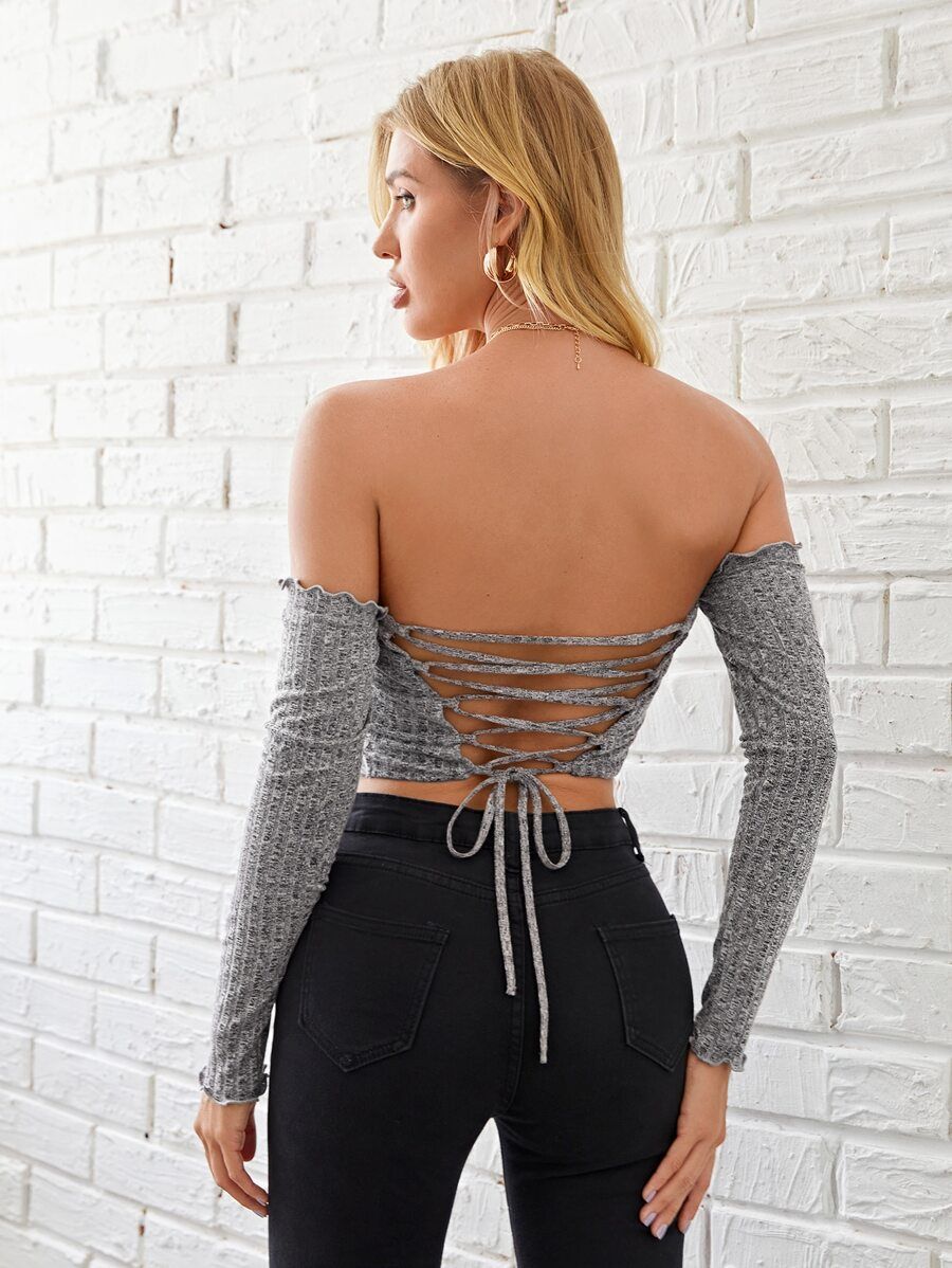 SHEIN Lace Up Backless Off Shoulder Crop Top | SHEIN