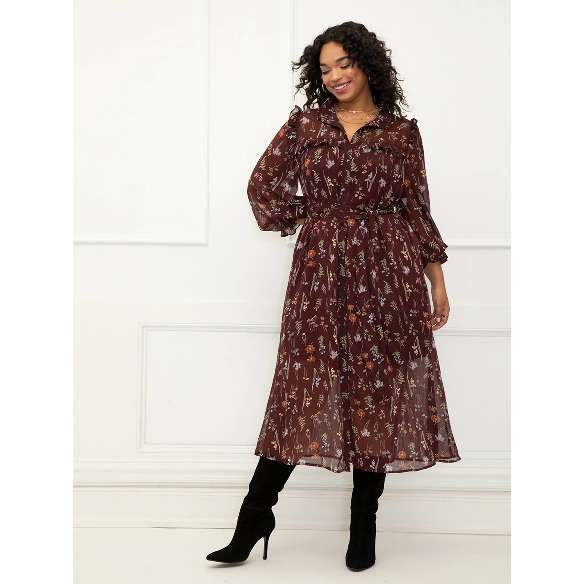ELOQUII Elements Women's Plus Size Midi Shirtdress With Ruffles | Walmart (US)