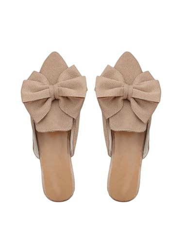 BEAUDRM Women's Bow Mules Dressy Pointed Toe Flat Shoes Backless Loafers Slide Sandals Casual Slides Work Shoes Khaki 8.5 | Amazon (US)
