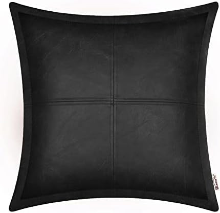BRAWARM Black Leather Throw Pillow 16 X 16 Inches, Faux Leather Pillow Cover with Piping, Hand St... | Amazon (US)