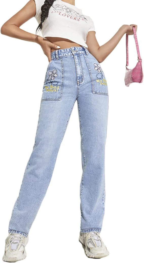 Womens Patchwork Jeans High Waisted Straight Leg Stretch Denim Pants Girls Fashion Color Block Pa... | Amazon (US)