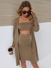 SHEIN Maternity Solid Tube Top & Skirt & Buttoned Coat | SHEIN