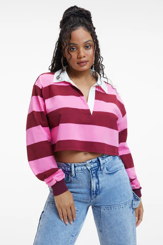 Cropped Rugby Shirt Sorority Pink & Team Cardinal, Size S/M | Good American