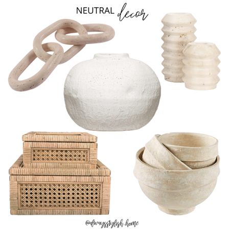 Neutral  home decor, white textured vase, cream decorative bowls, marble fluted candle holders, marble chain link, rattan cane decorative boxes, 

#LTKhome