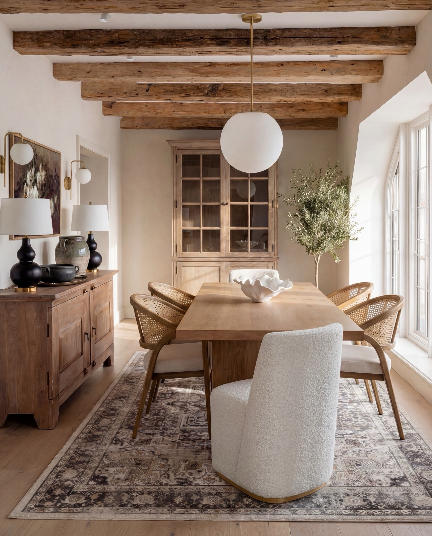 Shop the Look:
• Solid wood dining table (natural oak tone)
• Cane-back dining chairs with upholstered seats
• Upholstered accent dining chair (cream boucle)
• Vintage-style area rug (neutral, muted pattern)
• Exposed wood ceiling beams
• White globe pendant light with brass stem
• Brass wall sconces with globe shades
• Wood sideboard/buffet cabinet
• Black table lamp with white shade
• Ceramic table lamp (neutral glaze)
• Framed abstract artwork
• Glass-front wood hutch cabinet
• White sculptural ceramic bowl (table centerpiece)
• Potted olive tree (faux or real)


#LTKHome #LTKSaleAlert