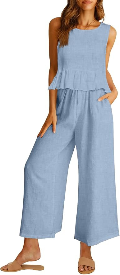 AUTOMET Women's Summer 2 Piece Outfits Linen Crop Tank Top Lounge Matching Sets & Long Pants Trac... | Amazon (US)