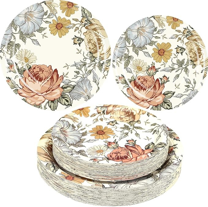 Maxcheck 100 Pcs Floral Paper Plates Disposable Floral Dinner Plate Vintage Paper Playes Tea Part... | Amazon (US)