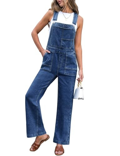 luvamia Baggy Denim Overalls for Women Stretchy Straight Wide Leg Bib Adjustable Strap Dungaree Jeans Jumpsuit for Women Loose Fit Casual Overall Classic Blue Size Medium US Size 8-10 | Amazon (US)