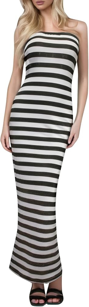 Women's Wrap Dress Long Dress Bodycon Striped Dress Strapless Dress Tube Backless Striped Patchwo... | Amazon (DE)