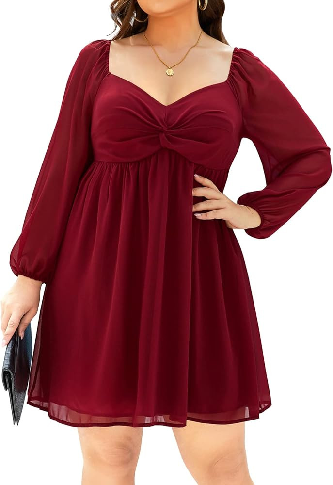 Pinup Fashion Plus Size Women's Sweetheart Neckline Dress Puff Long Sleeve Chiffon Summer Party A... | Amazon (US)