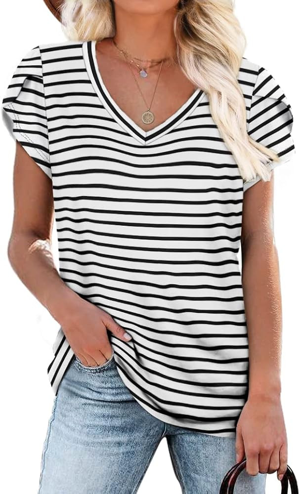 WIHOLL Womens Tops V Neck Summer Petal Sleeve Casual Tshirts | Amazon (US)