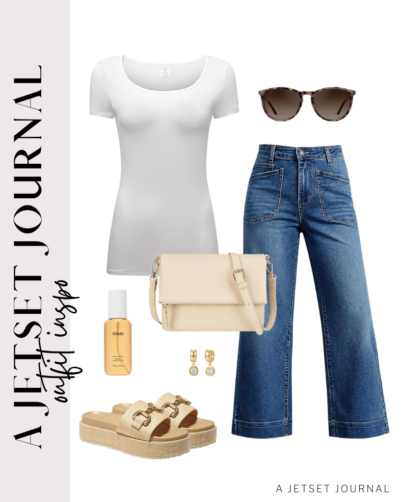 This outfit matches the white OThread & Co. tee with Cicy Bell’s jeans. You can wear these chunky platform sandals and carry a stylish crossbody bag to style this outfit. To finish the look, put on these WearMe Pro sunglasses. 

#LTKSeasonal #LTKSaleAlert #LTKTravel
 

 