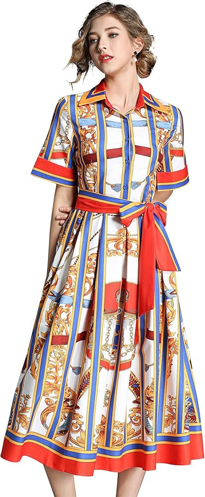 LAI MENG FIVE CATS Womens Casual Paisley Print Shirt Dress Short Sleeve Tie Front Party Midi Dres... | Amazon (US)