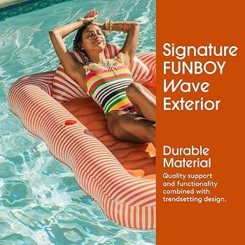 FUNBOY Tanning Pool Lounger Float Orange Stripe, XL 72" x 48" with Pillow and Large Cup Holder | Amazon (US)