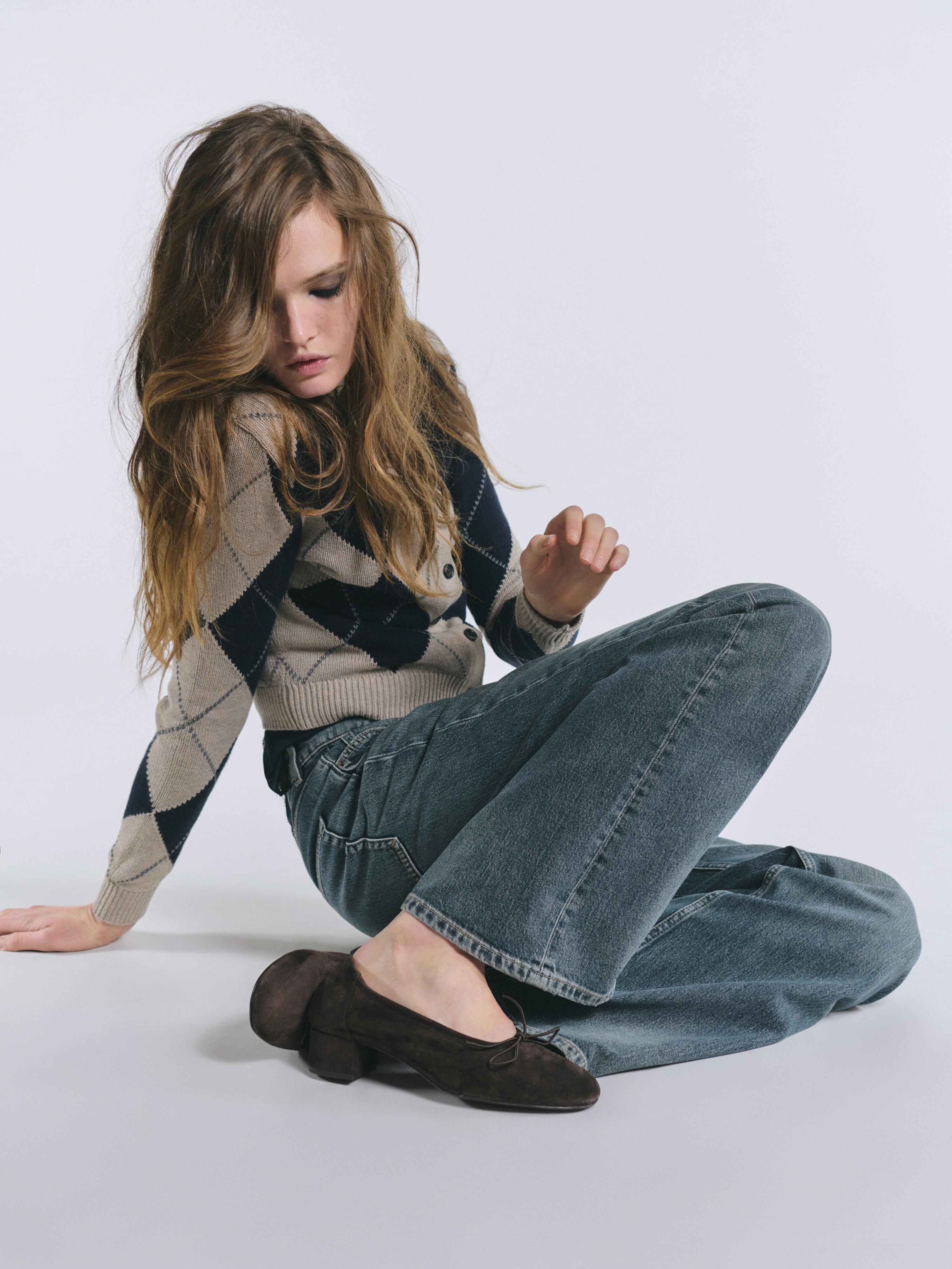 Cotton blend argyle knit cardigan | Massimo Dutti UK