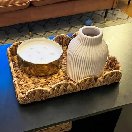 Rectangle Wicker Scalloped Tray, Rattan Serving Trays with Handles, Water Hyacinth Basket for Decorative & Organizing, 15" L x 11" W | Walmart (US)