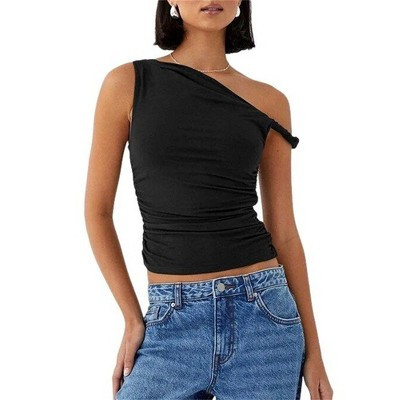 Women's One Shoulder Ruched Crop Top, Asymmetrical Neck Casual Tank Black L | Target