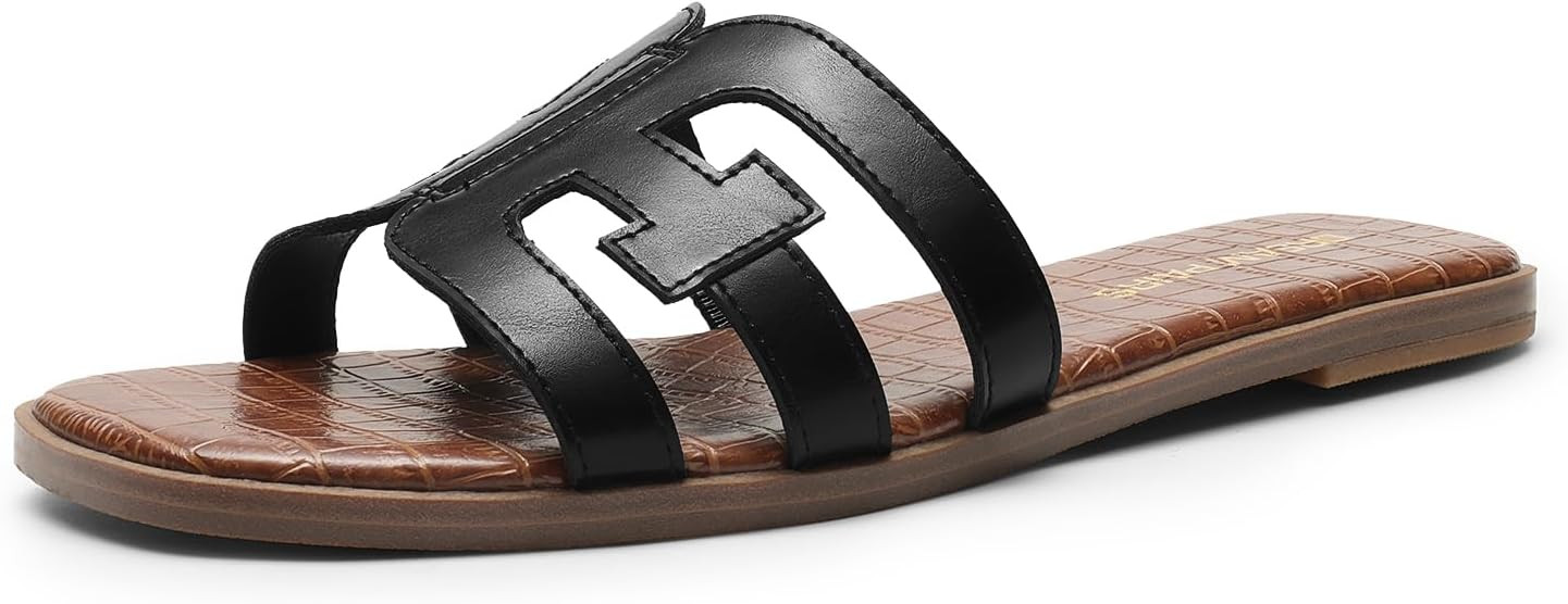 DREAM PAIRS Women's Slip-on Slides Open Toe Dressy Flat Slide Sandals Fashion Classic Summer Beac... | Amazon (US)