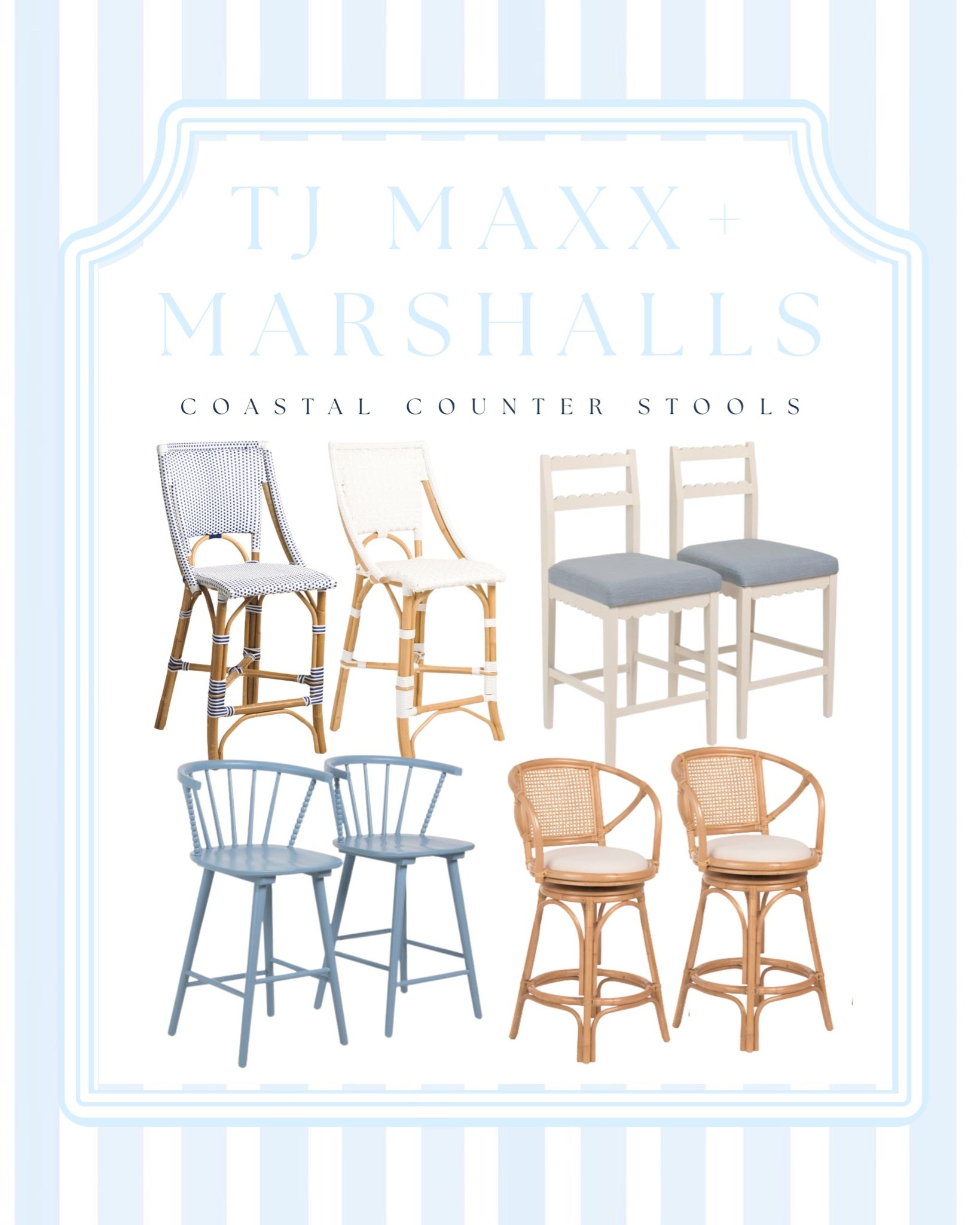 Coastal Counter Stools: Designer Look for Less 🤍🩵

If you’re looking for coastal counter stools that look designer without the designer price tag, add these to your list! I found these beautiful rattan, cane, woven, and painted counter stools at TJ Maxx + Marshalls that would be perfect for a modern coastal, coastal grandmillennial, or Hamptons-inspired kitchen.

Think Serena & Lily-inspired style for less — woven details, rattan accents, classic silhouettes, and beautiful coastal colors that instantly elevate a kitchen island or breakfast bar. 🌊 use code: SHIP89 for free shipping!

✨ Shop these coastal counter stool lookalikes + more designer-inspired furniture finds through my LTK!

#coastaldecor #coastalkitchen #coastalhomedecor #coastalstyle #moderncoastal #coastalinterior #coastalfurniture #counterstools #barstools #kitchenisland #rattanfurniture #canefurniture #wovenfurniture #serenaandlilylookalike #designerlookforless #lookforless #tjmaxxfinds #marshallsfinds #homegoodsfinds 

@Marshalls @TJ Maxx

#LTKHome #LTKSaleAlert